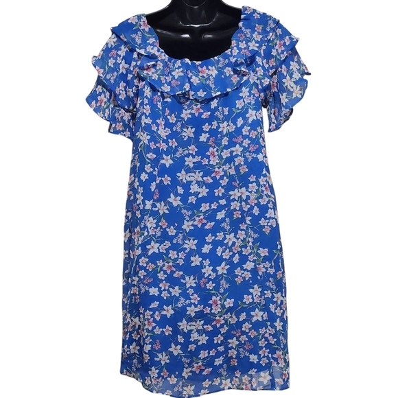 Roz & Ali Womens Blue Floral Flutter Sleeve Off Shoulder Boho Flowy Dress Size 8 - Picture 2 of 7